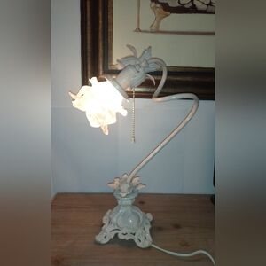Rare Victorian Ornate Pink Cast Iron Lamp with Frosted Glass Flower Shade.